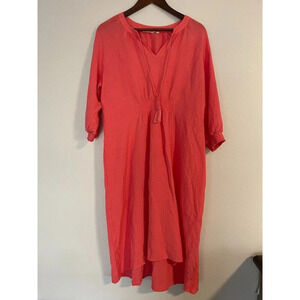 Soft Surroundings Shift Midi Dress Womens Size L Pink Orange 3/4 Sleeve Tie Neck